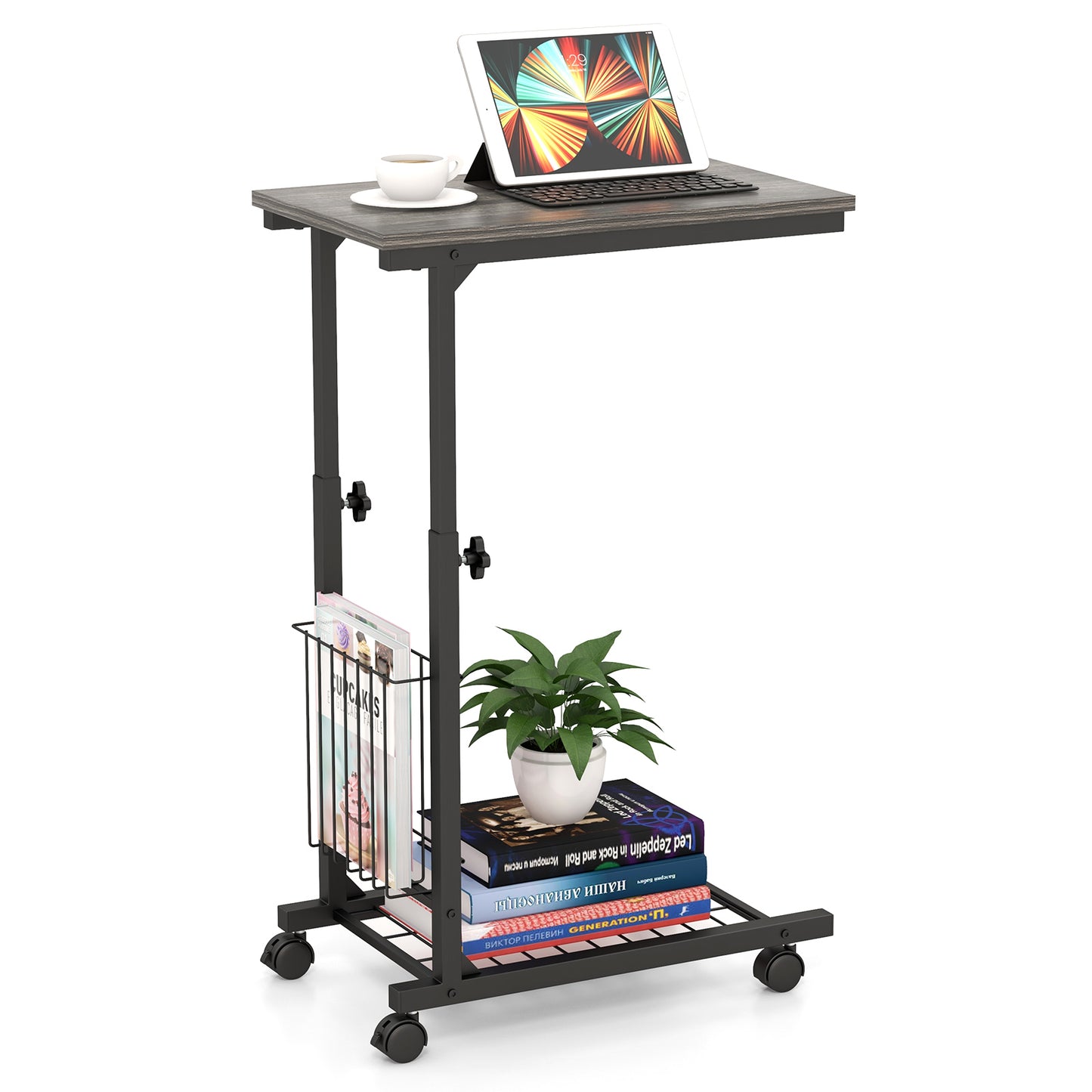 C-shape Adjustable End Table with Storage Basket-Grey