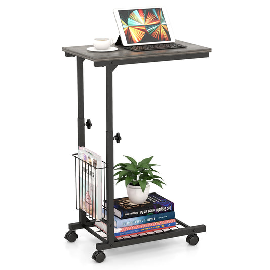 C-shape Adjustable End Table with Storage Basket-Grey