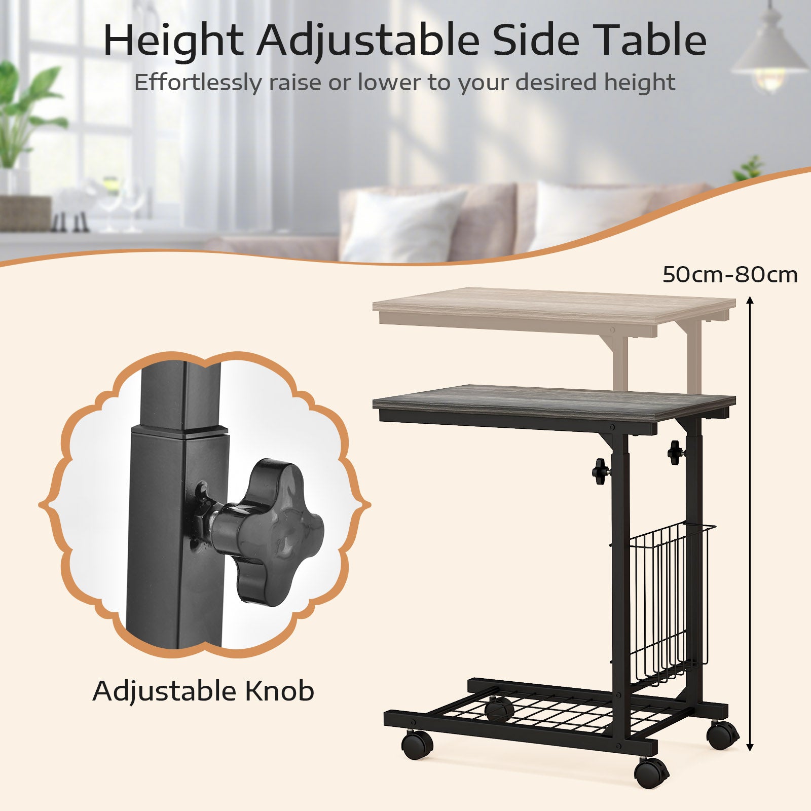 C-shape Adjustable End Table with Storage Basket-Grey