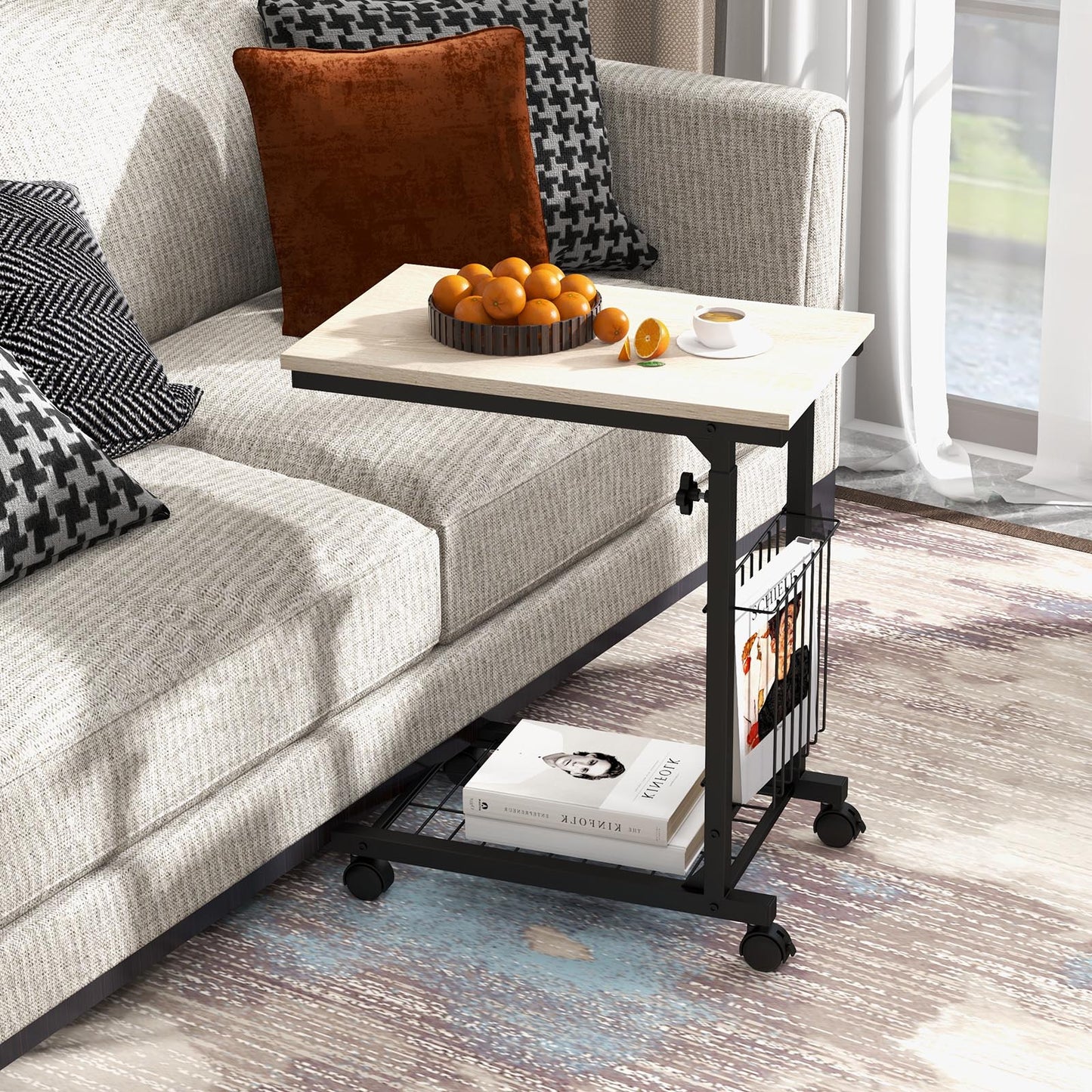 C-shape Adjustable End Table with Storage Basket-Natural