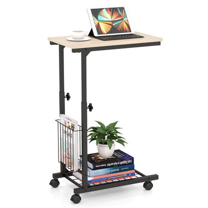 C-shape Adjustable End Table with Storage Basket-Natural