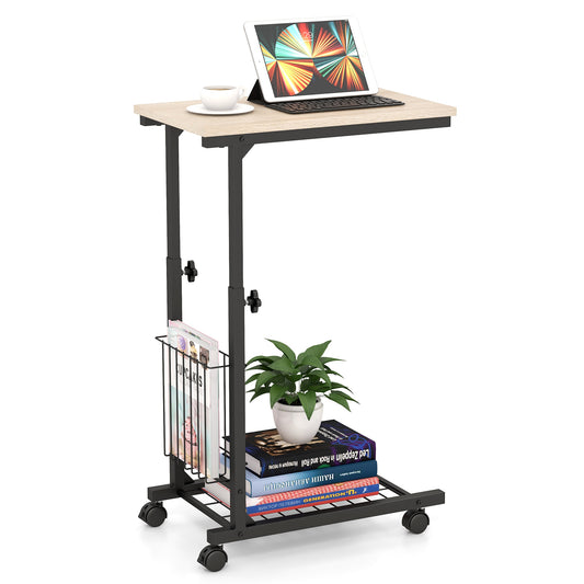 C-shape Adjustable End Table with Storage Basket-Natural