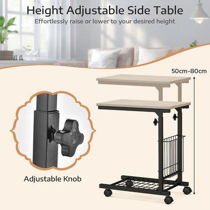 C-shape Adjustable End Table with Storage Basket-Natural