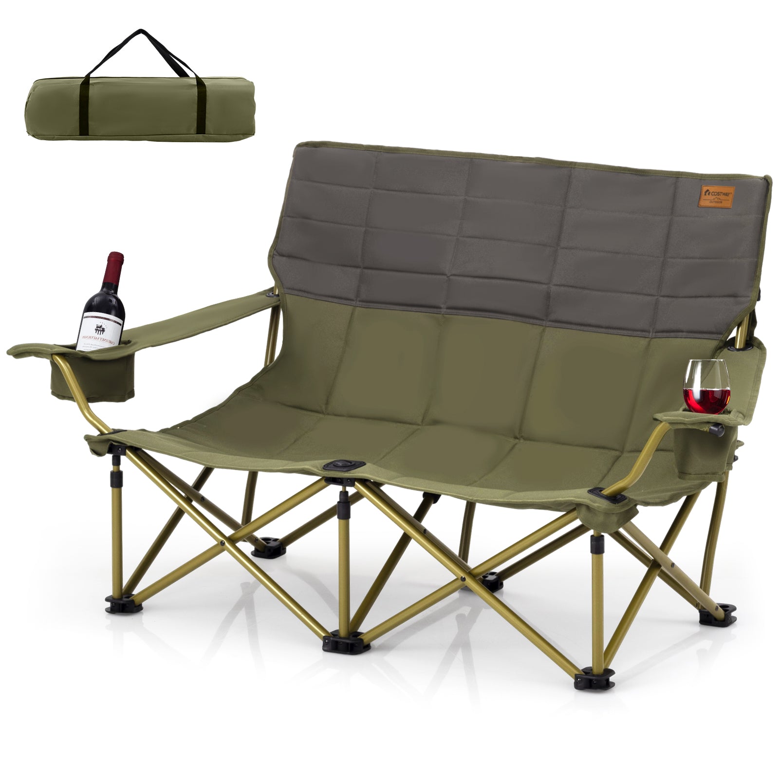 Oversized Camping Chair Folding Camping Couch with Cup Holders-Green