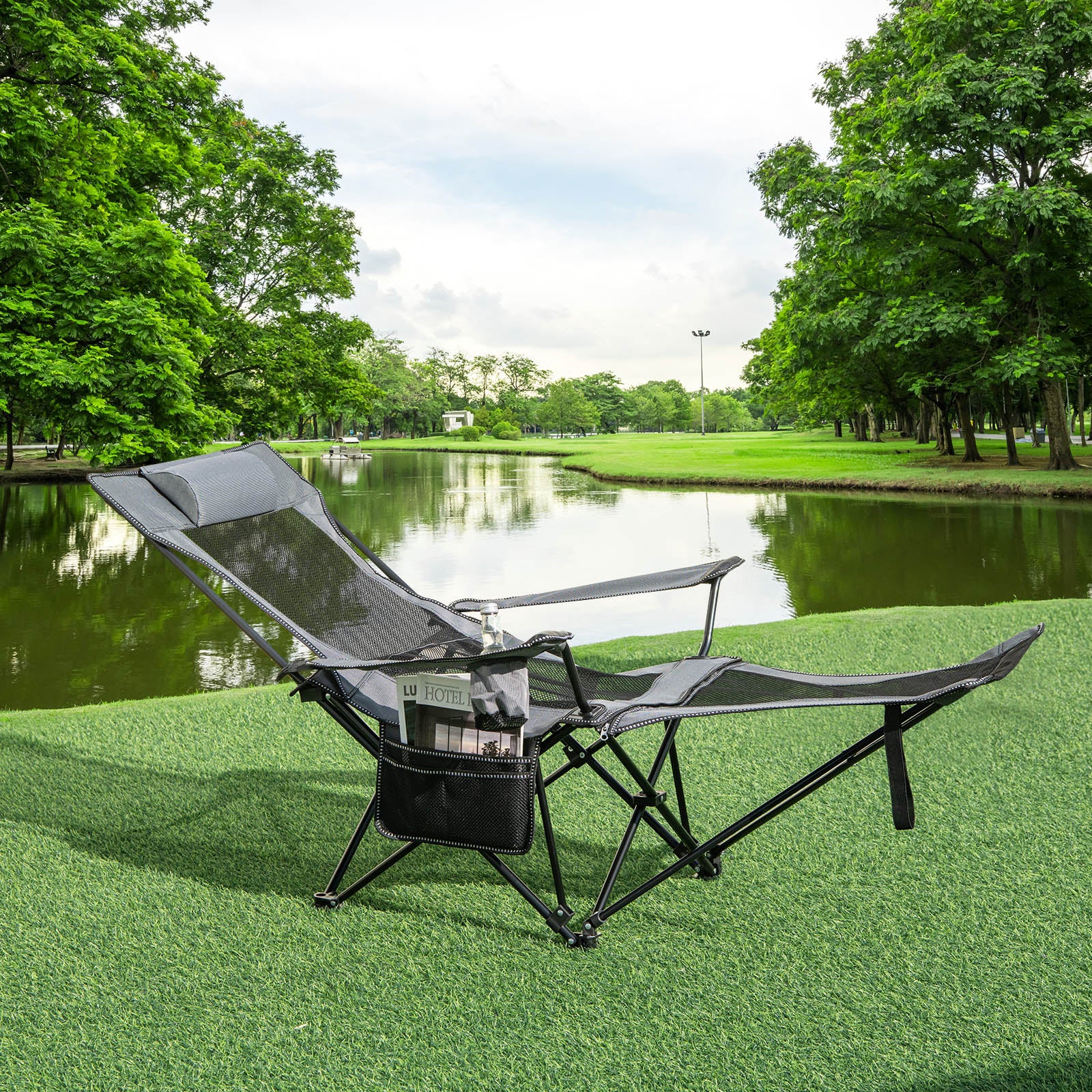 Camping Lounge Chair with Detachable Footrest-Grey