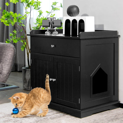 Large Wooden Cat Litter Box Hidden Washroom Toilet with Drawer-Black