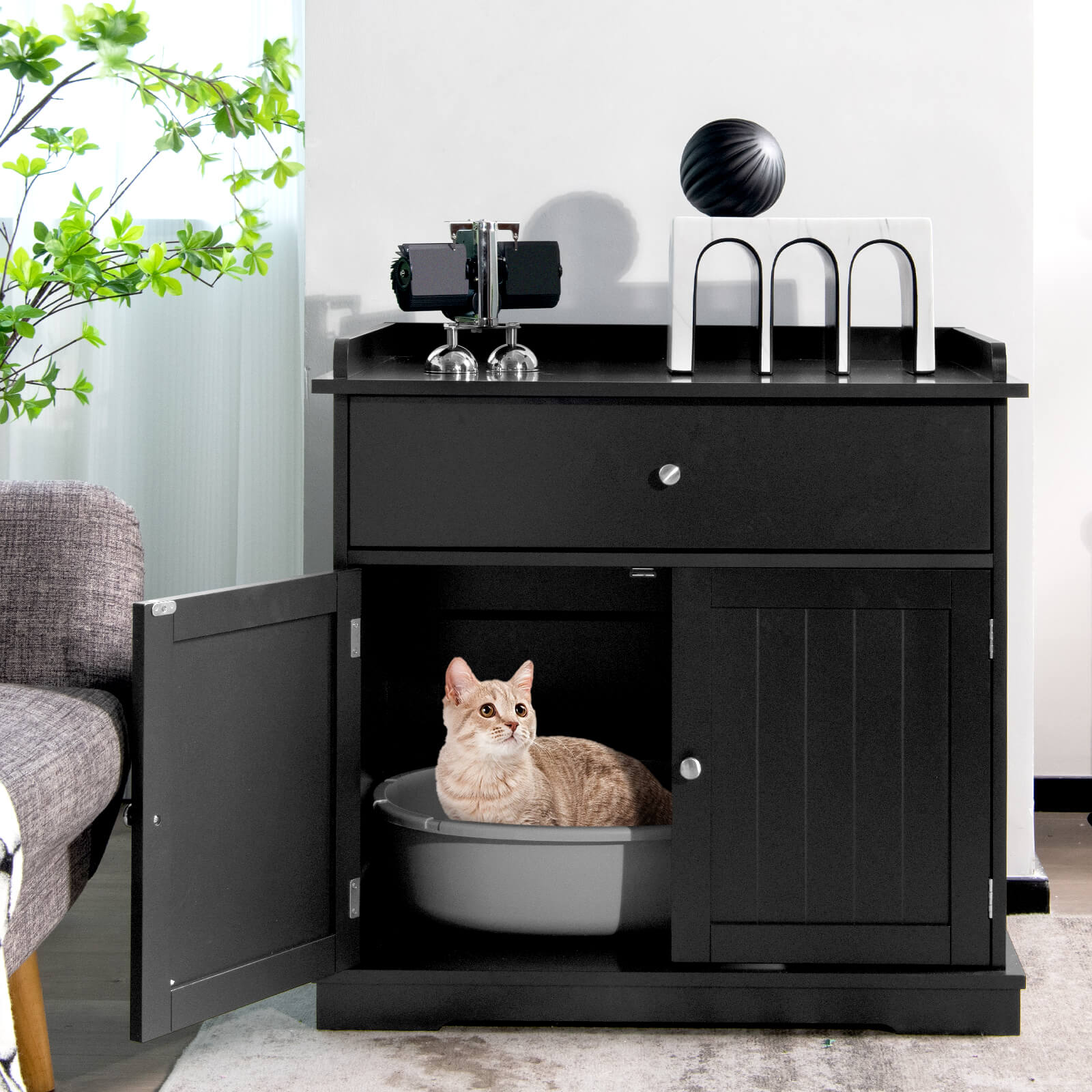Large Wooden Cat Litter Box Hidden Washroom Toilet with Drawer-Black