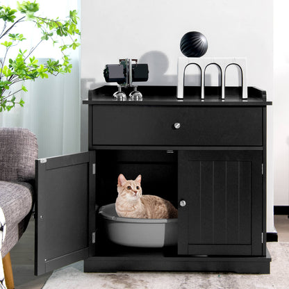Large Wooden Cat Litter Box Hidden Washroom Toilet with Drawer-Black