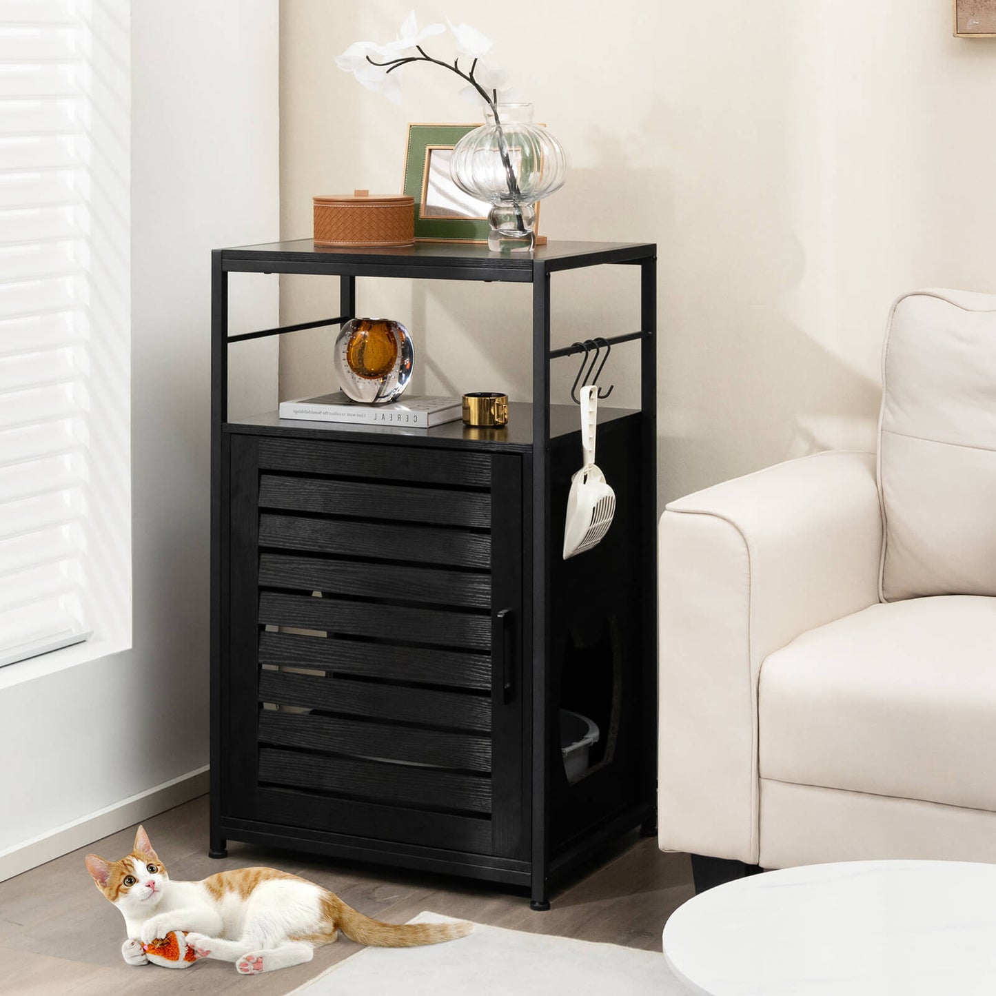 Cat Litter Box Enclosure with Louvered Door and 3 Shelves-Black