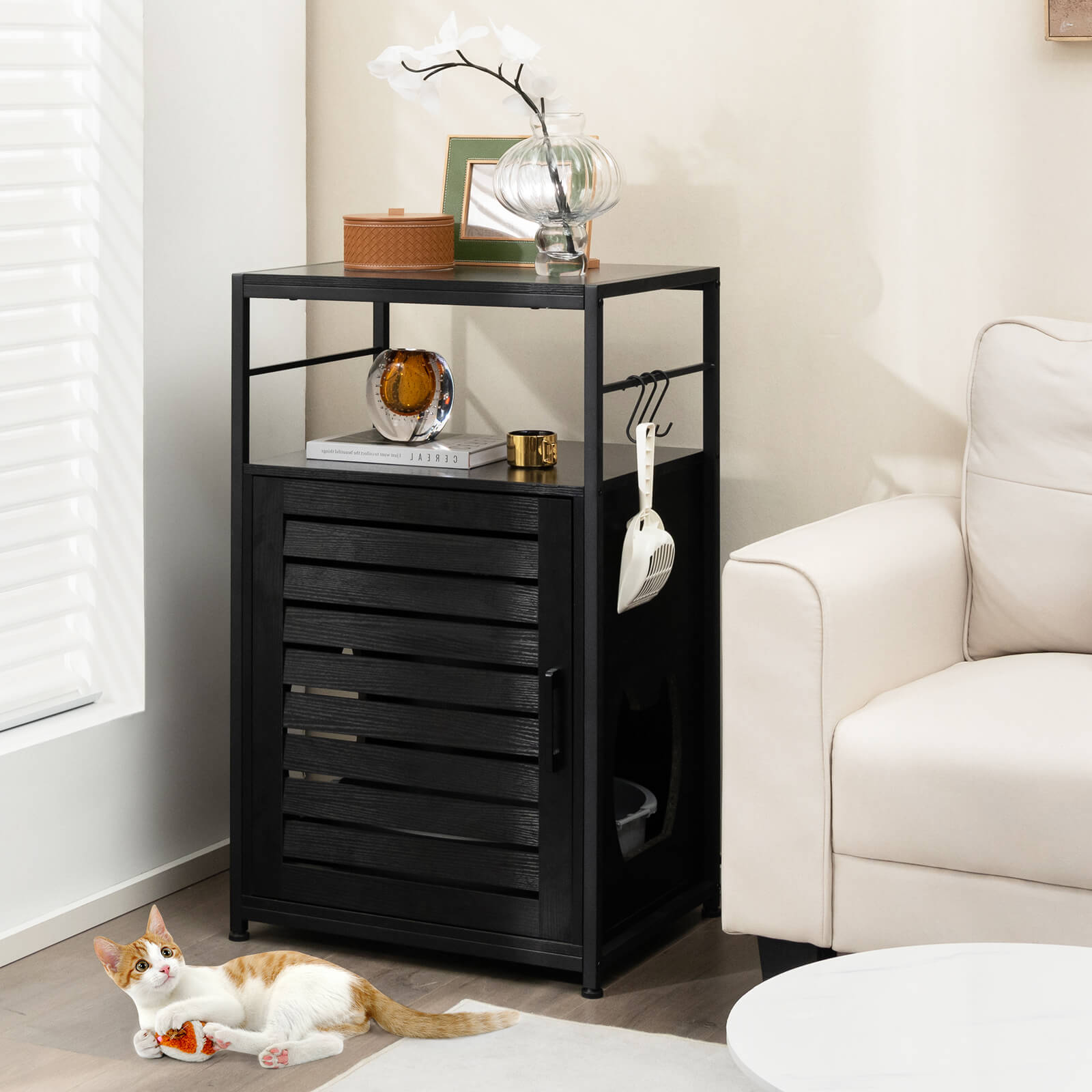 Cat Litter Box Enclosure with Louvered Door and 3 Shelves-Black