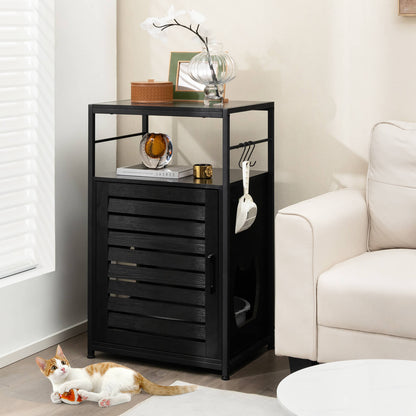 Cat Litter Box Enclosure with Louvered Door and 3 Shelves-Black