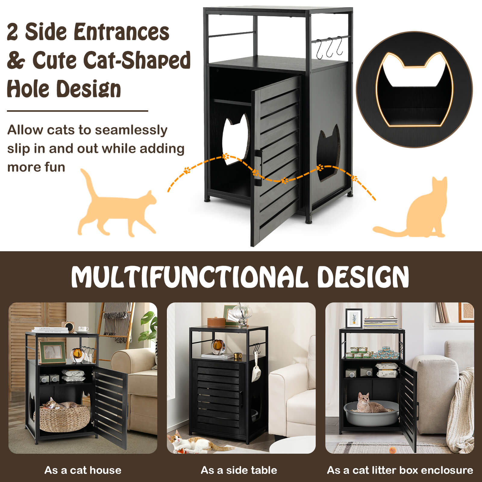 Cat Litter Box Enclosure with Louvered Door and 3 Shelves-Black