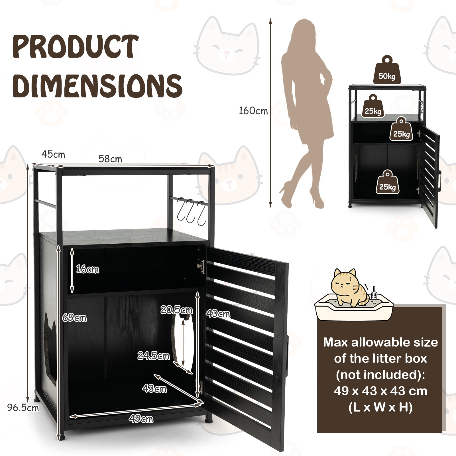Cat Litter Box Enclosure with Louvered Door and 3 Shelves-Black