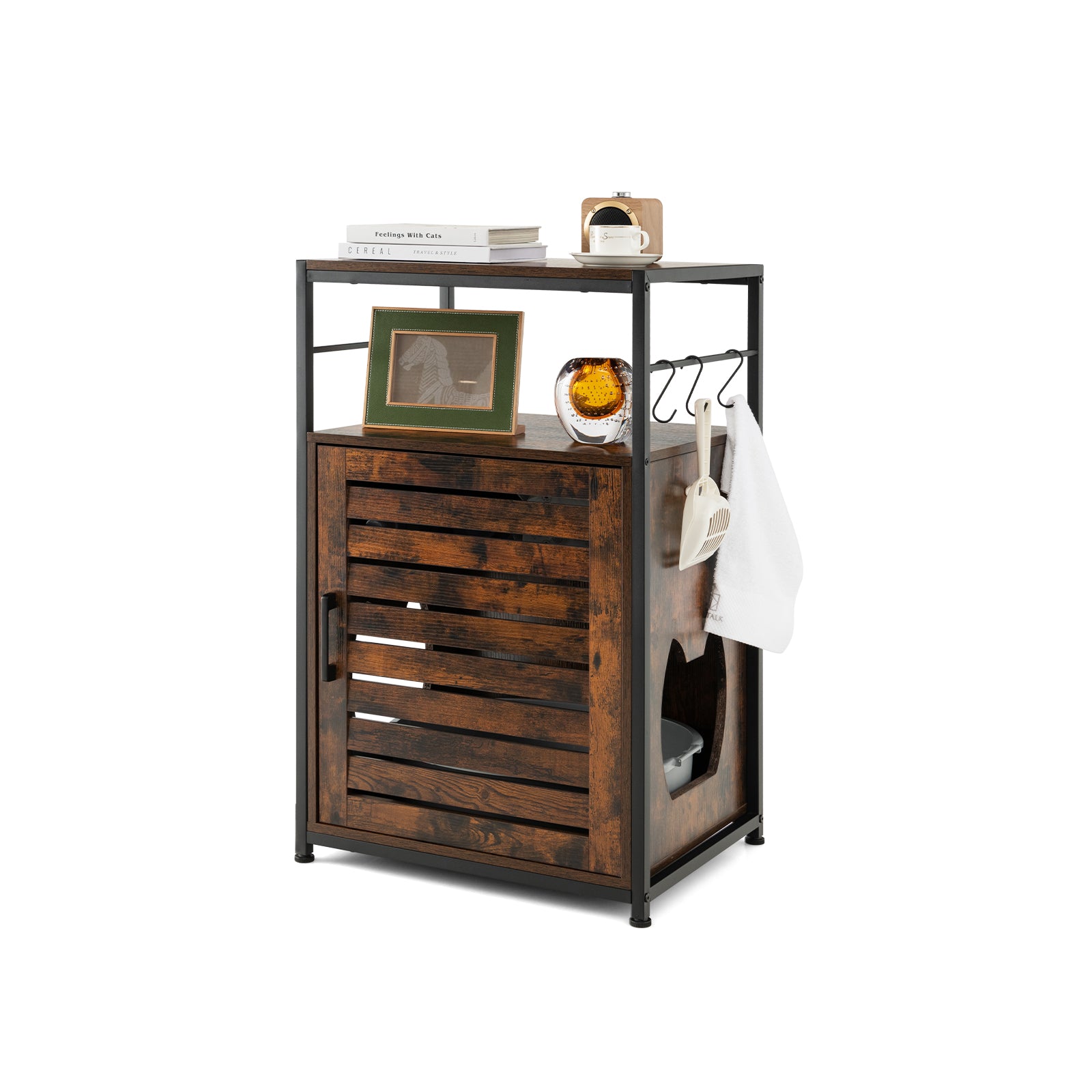 Cat Litter Box Enclosure with Louvered Door and 3 Shelves-Rustic Brown