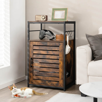 Cat Litter Box Enclosure with Louvered Door and 3 Shelves-Rustic Brown
