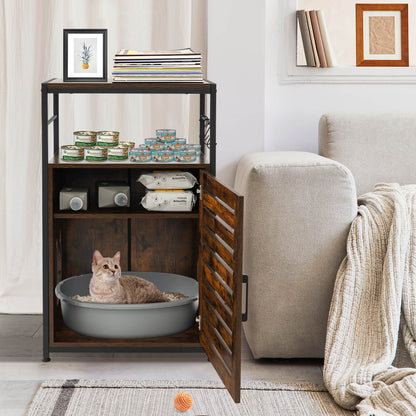 Cat Litter Box Enclosure with Louvered Door and 3 Shelves-Rustic Brown