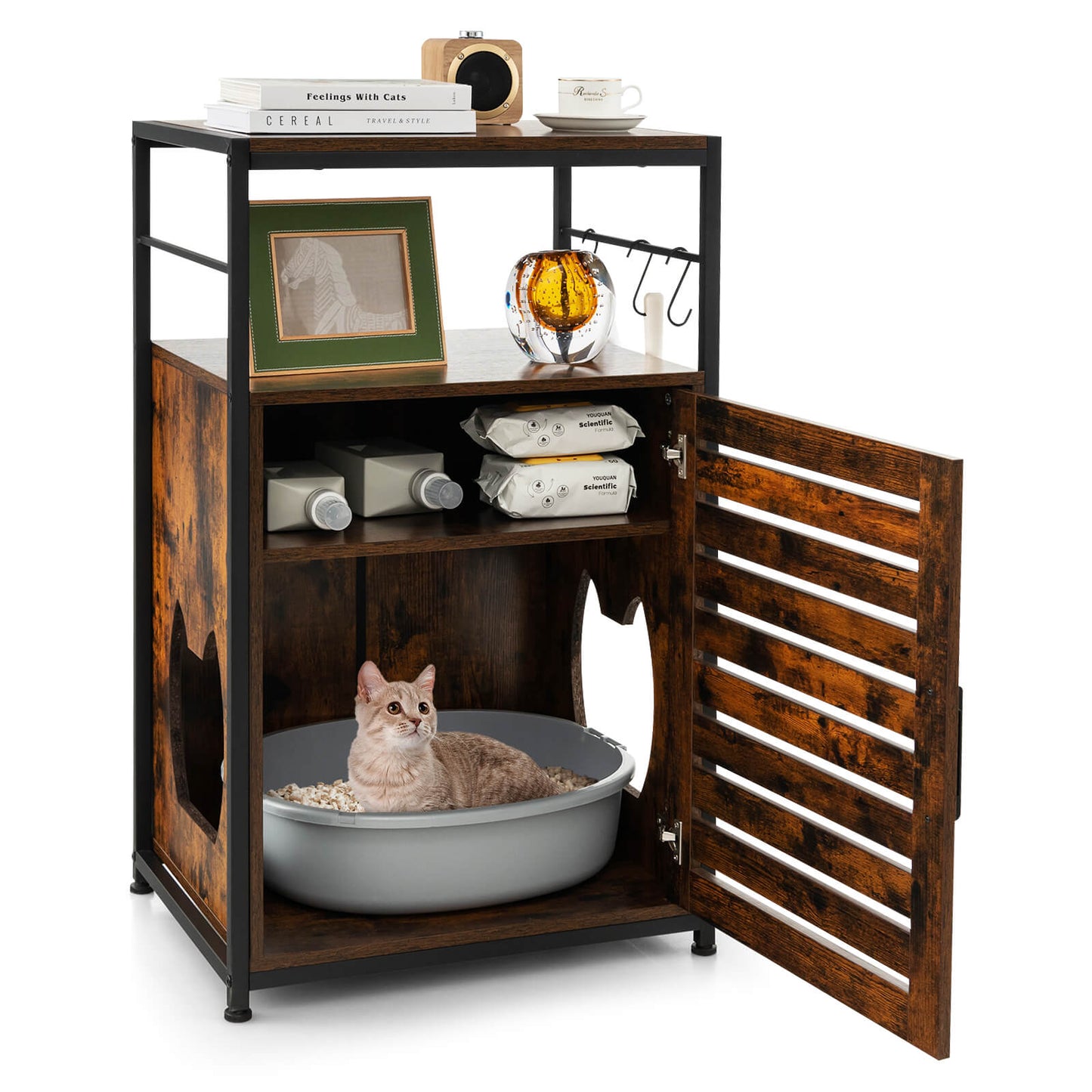 Cat Litter Box Enclosure with Louvered Door and 3 Shelves-Rustic Brown