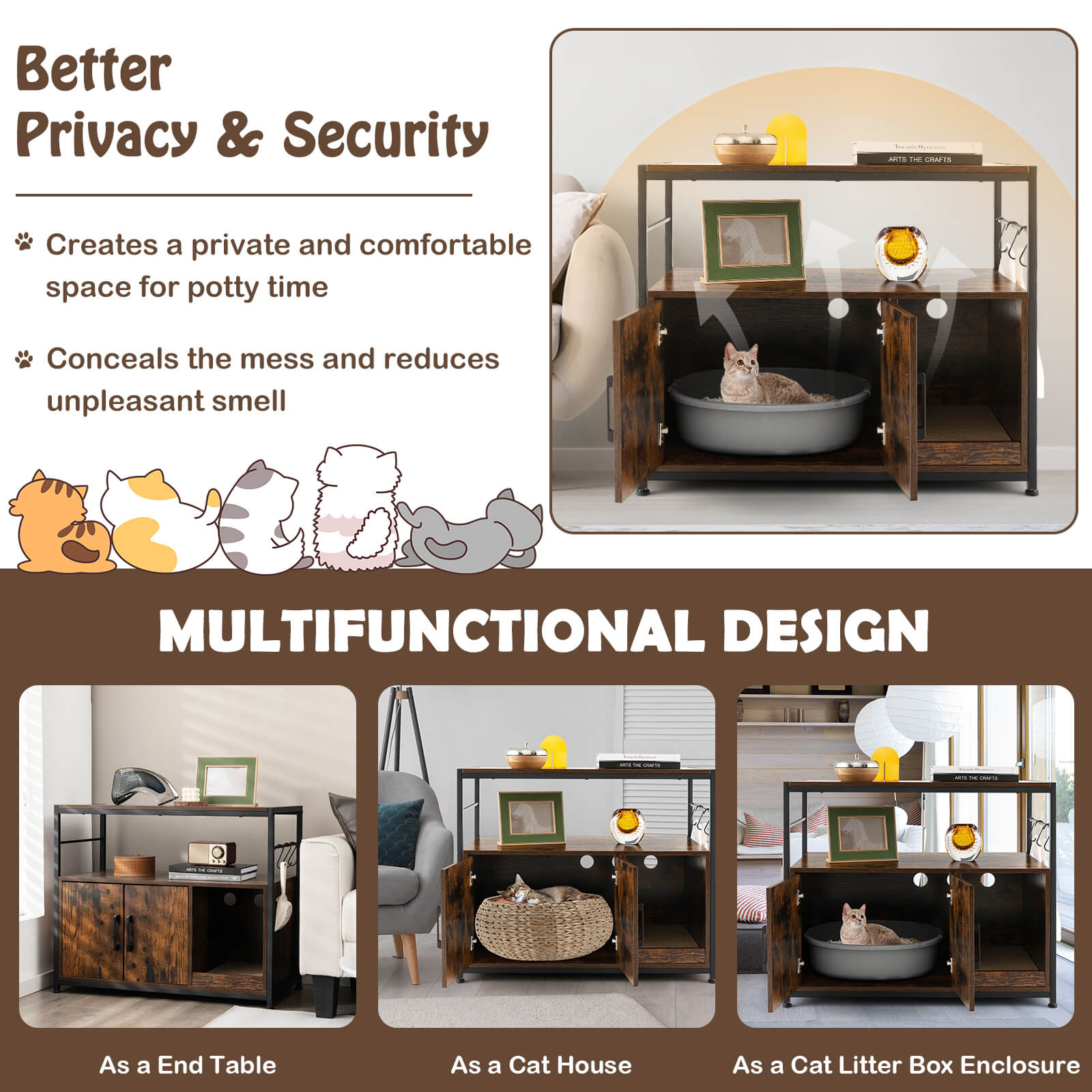 Cat Litter Box Enclosure with Scratching Pad and 2 Shelves-Rustic Brown