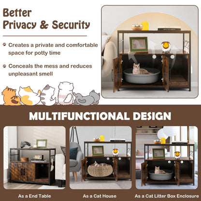 Cat Litter Box Enclosure with Scratching Pad and 2 Shelves-Rustic Brown