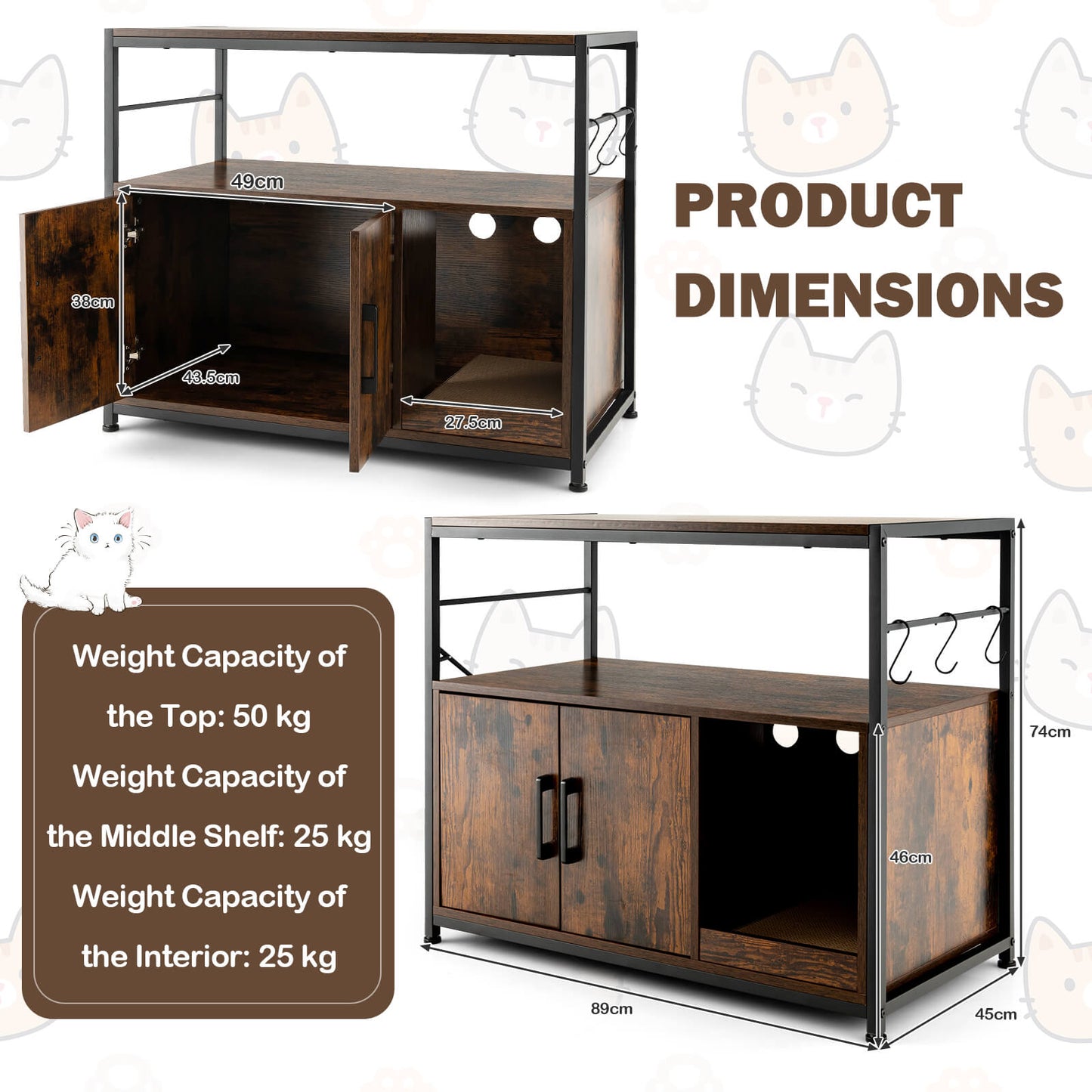 Cat Litter Box Enclosure with Scratching Pad and 2 Shelves-Rustic Brown