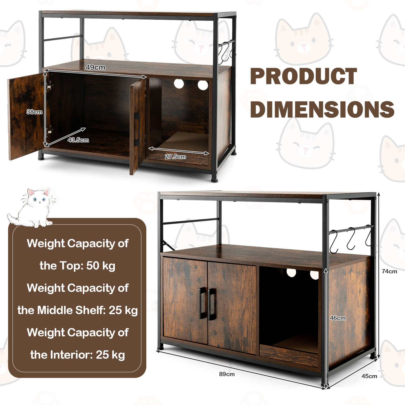 Cat Litter Box Enclosure with Scratching Pad and 2 Shelves-Rustic Brown