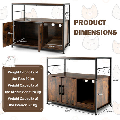 Cat Litter Box Enclosure with Scratching Pad and 2 Shelves-Rustic Brown