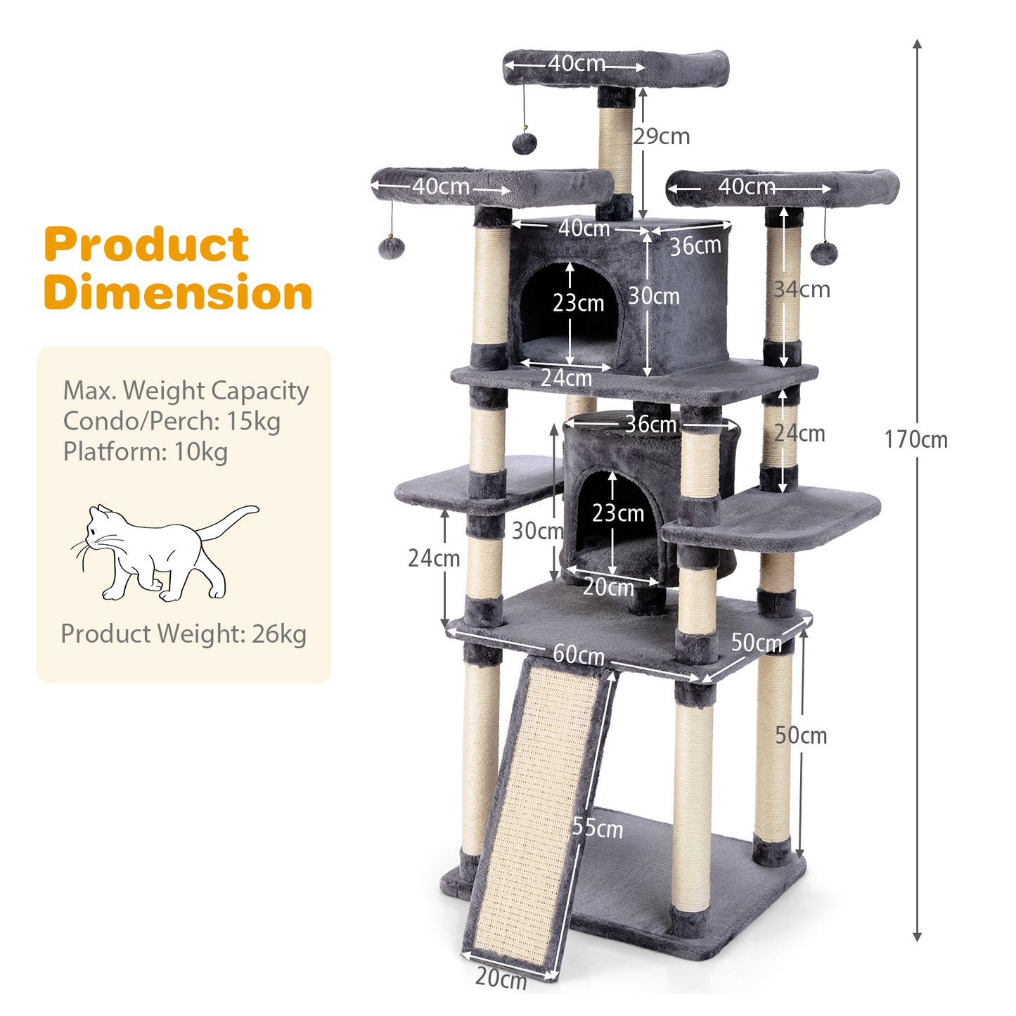 Cat Tree Condo wth Scratching Poles and Board-Grey