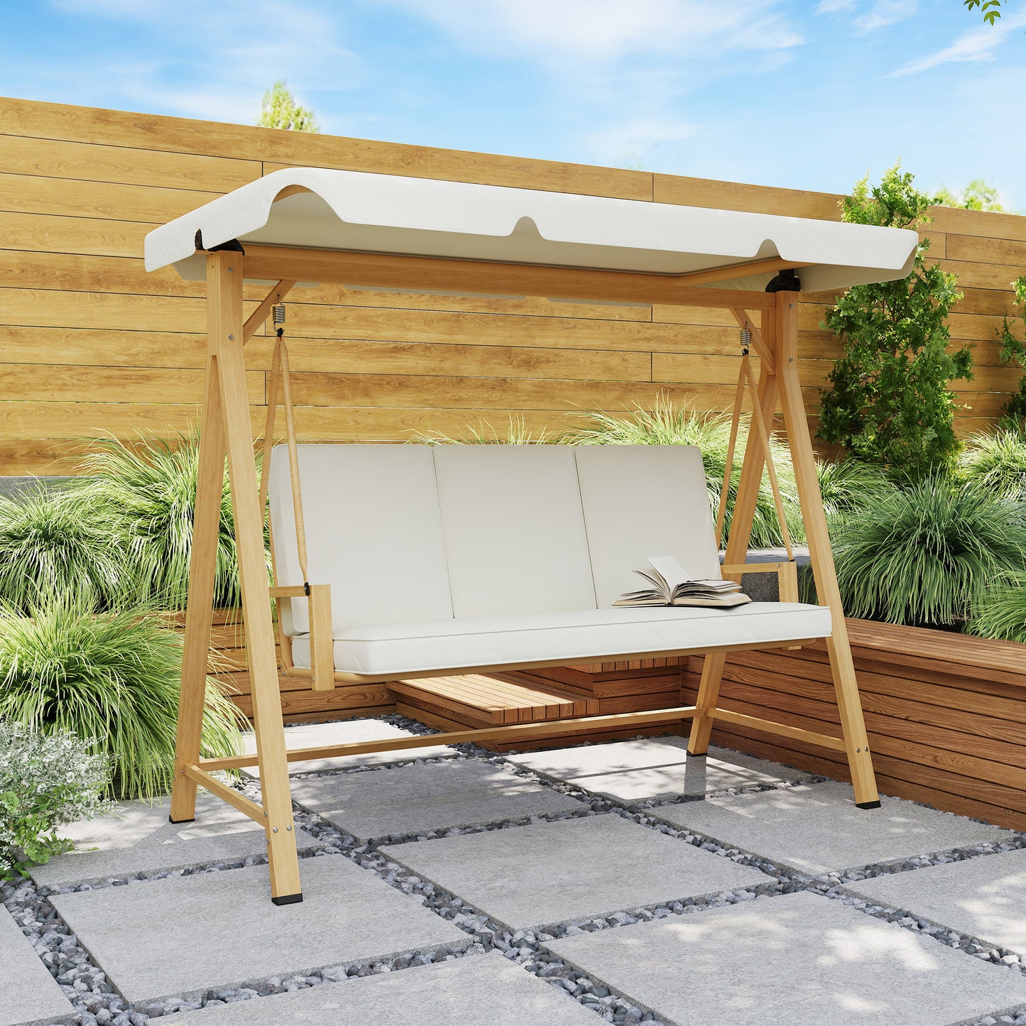 Outsunny Three-Seater Garden Swing Bench, with Adjustable Canopy - Beige