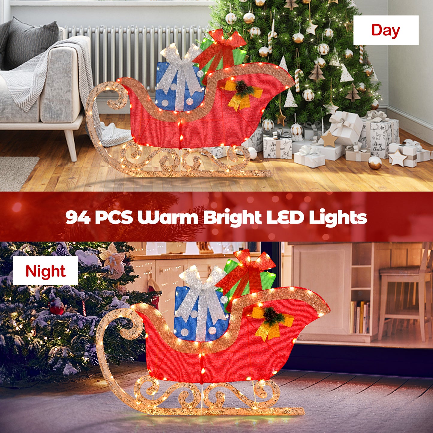 Lighted Christmas Sleigh Decoration with 94 Pre-lit Warm Bright LED Lights