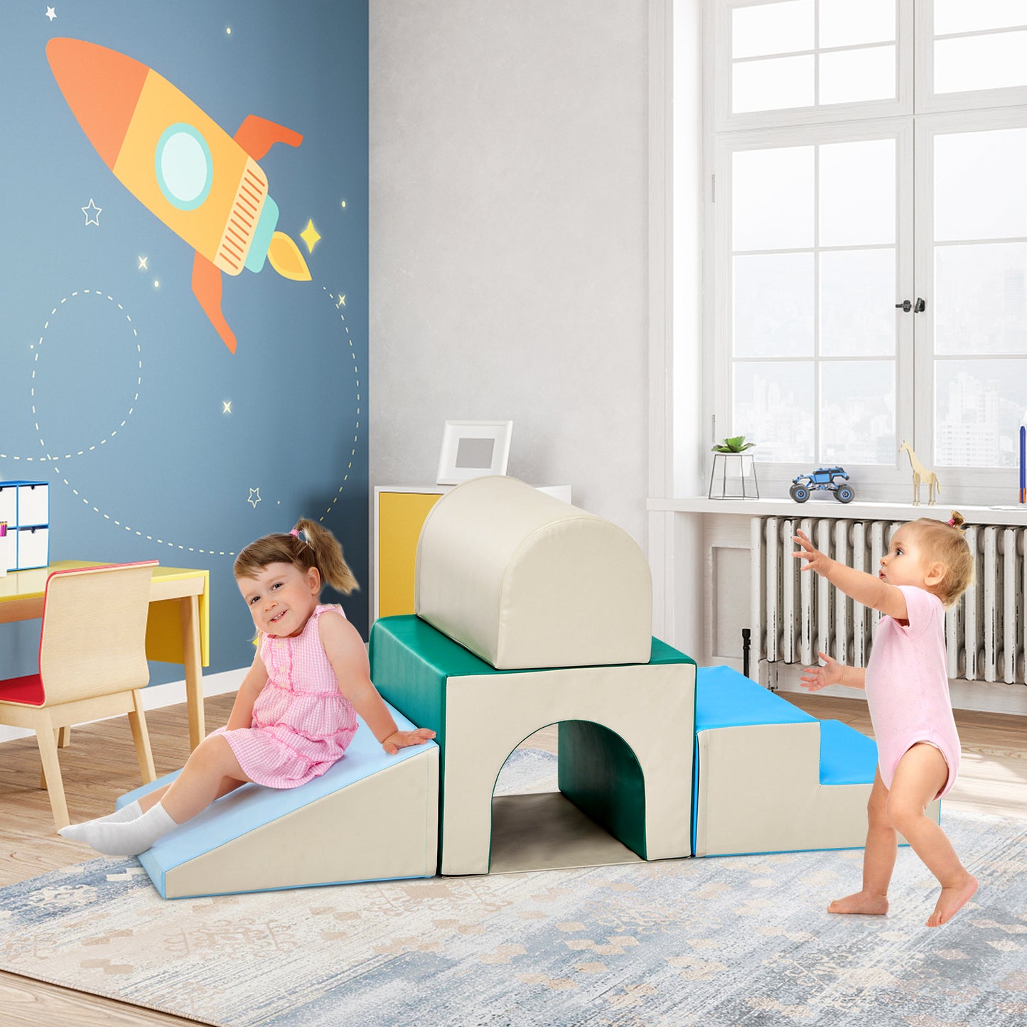 Climb and Crawl Activity Play Set Soft Zone Single-Tunnel Foam Climber-Blue &amp; Green