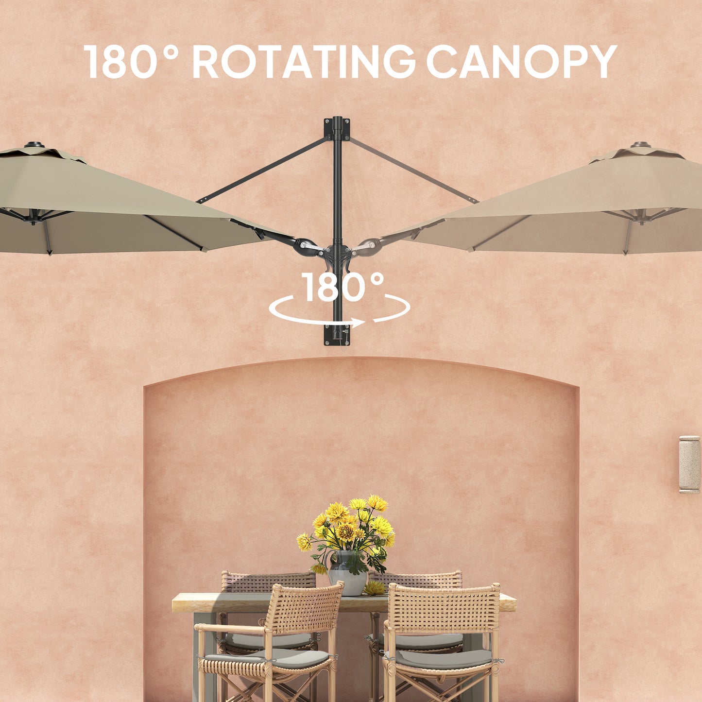 Outsunny 3(m) Wall-Mounted Parasol Shade, with Handle - Khaki