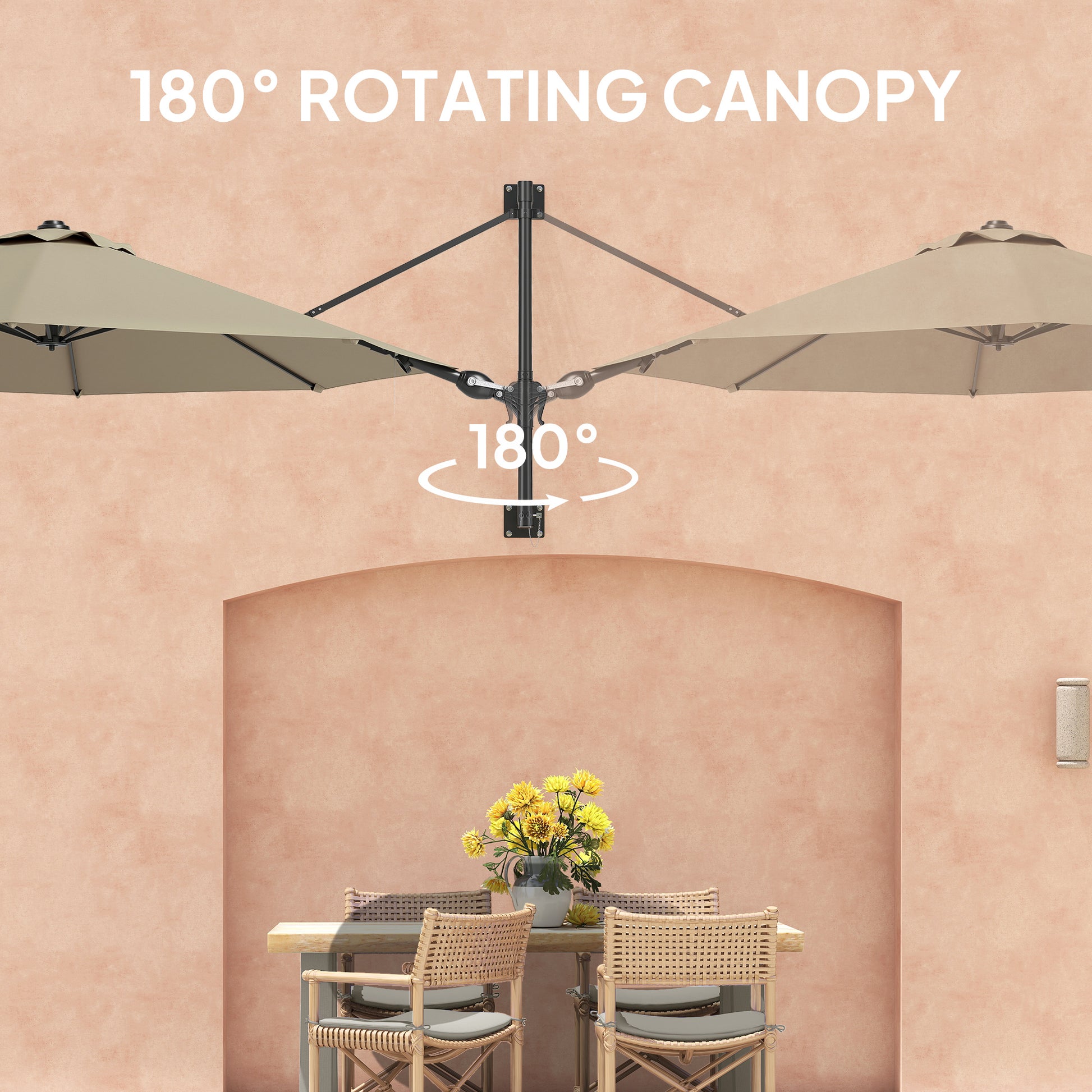 Outsunny 3(m) Wall-Mounted Parasol Shade, with Handle - Khaki