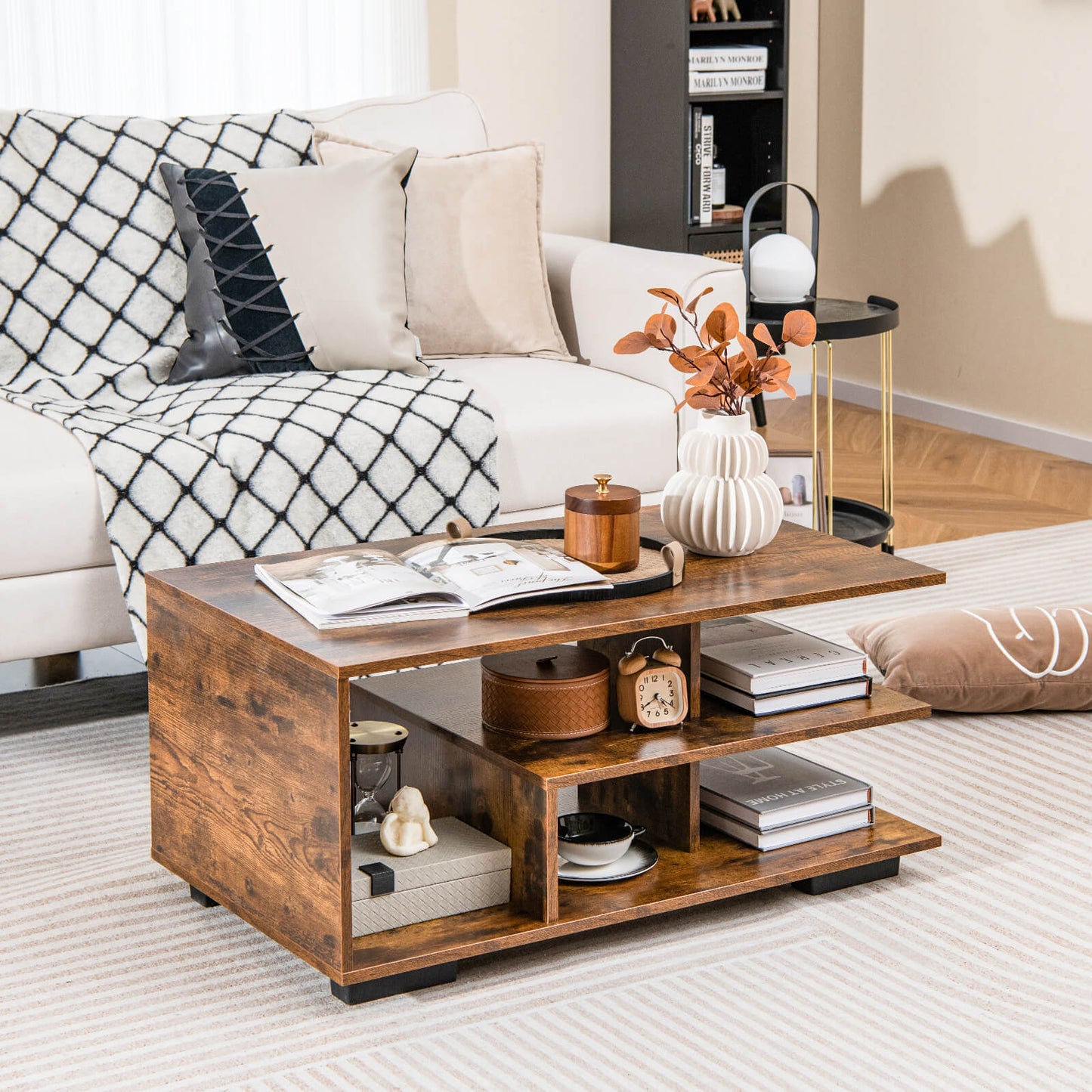 Coffee Table 3-Tier Rectangular Center with L-Shaped Middle Shelf-Rustic Brown