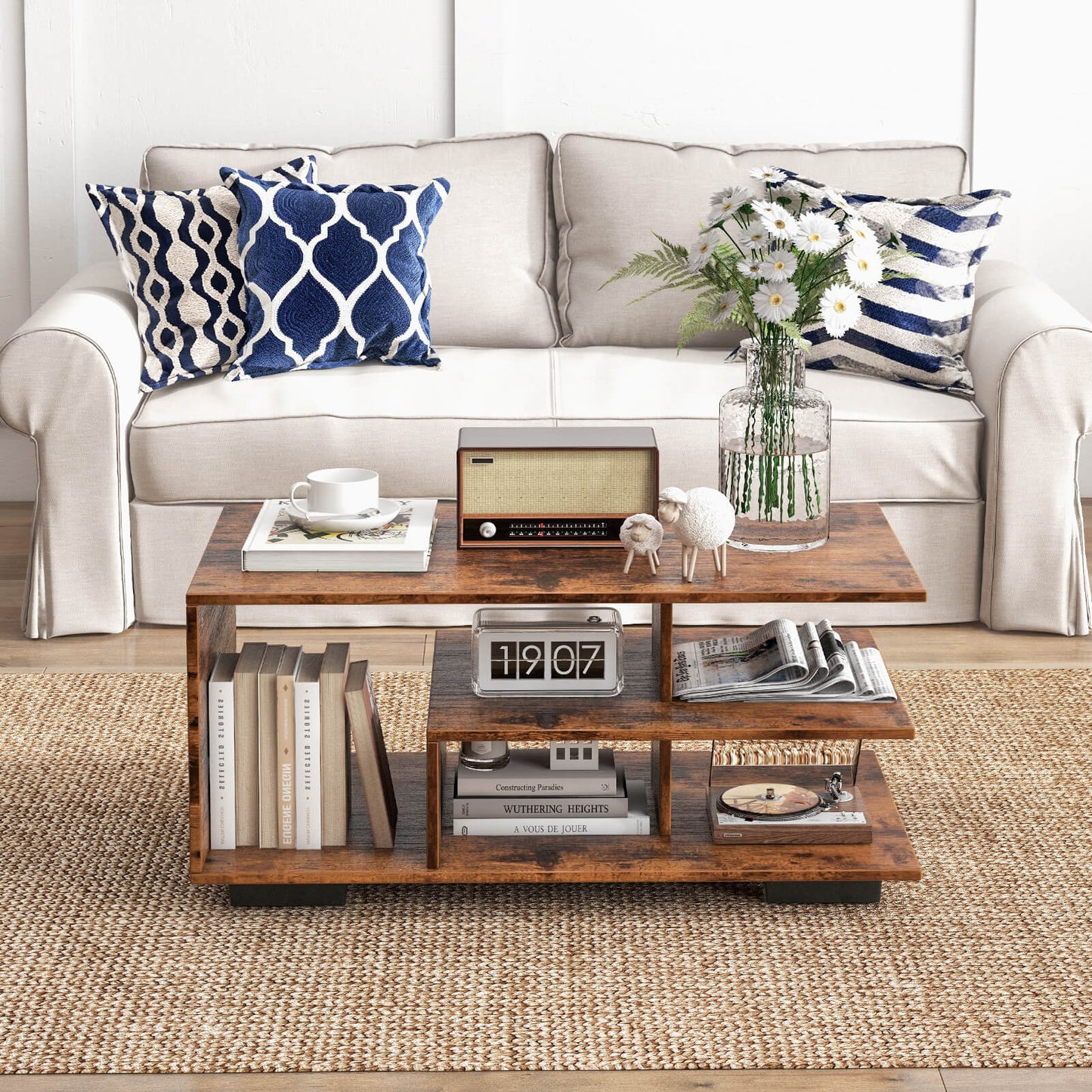 Coffee Table 3-Tier Rectangular Center with L-Shaped Middle Shelf-Rustic Brown