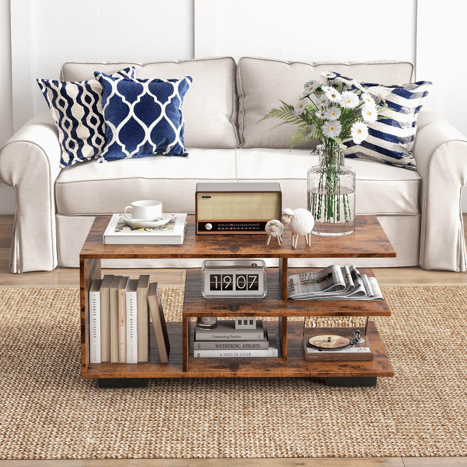 Coffee Table 3-Tier Rectangular Center with L-Shaped Middle Shelf-Rustic Brown