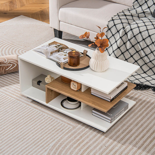 Coffee Table 3-Tier Rectangular Center with L-Shaped Middle Shelf-White