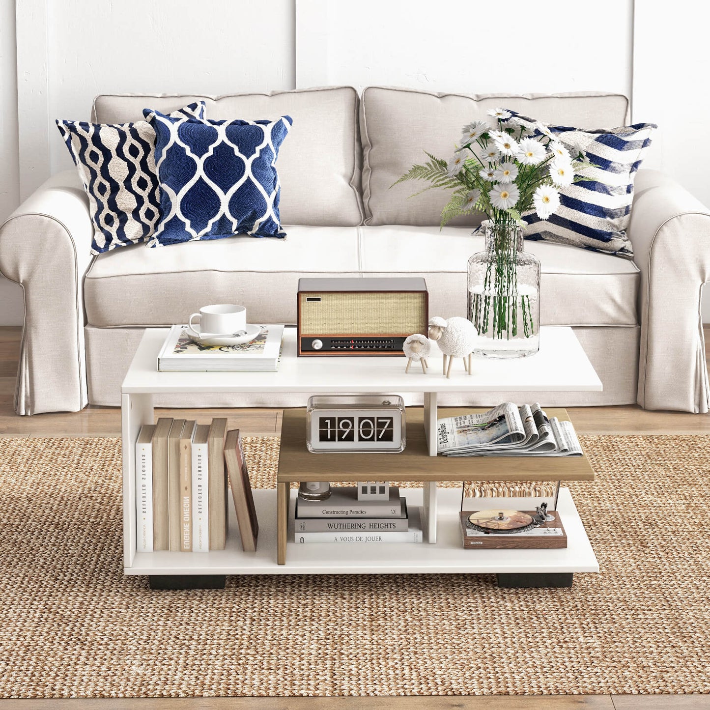 Coffee Table 3-Tier Rectangular Center with L-Shaped Middle Shelf-White