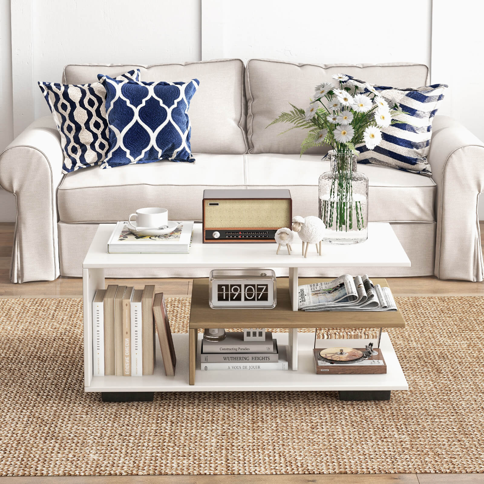 Coffee Table 3-Tier Rectangular Center with L-Shaped Middle Shelf-White