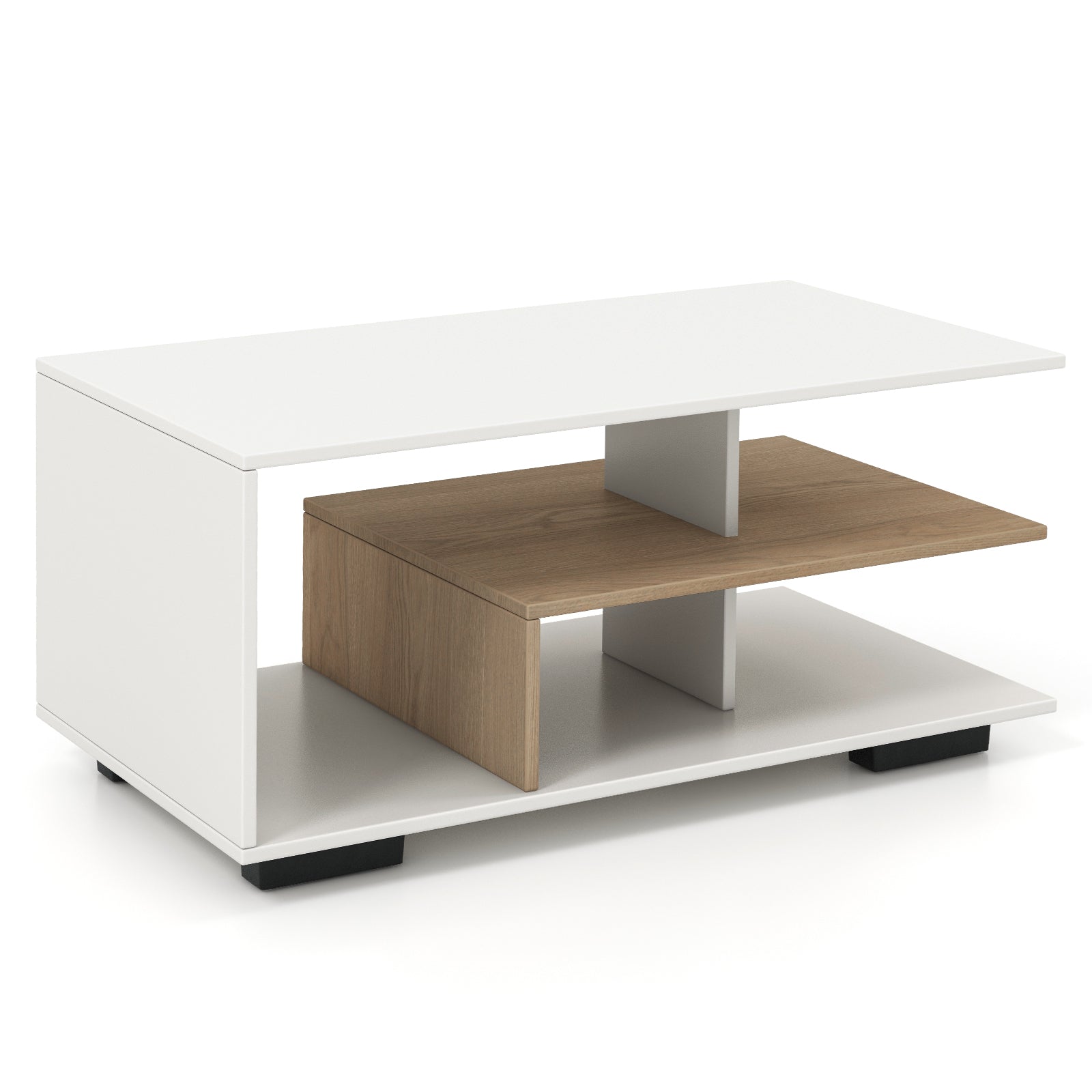 Coffee Table 3-Tier Rectangular Center with L-Shaped Middle Shelf-White