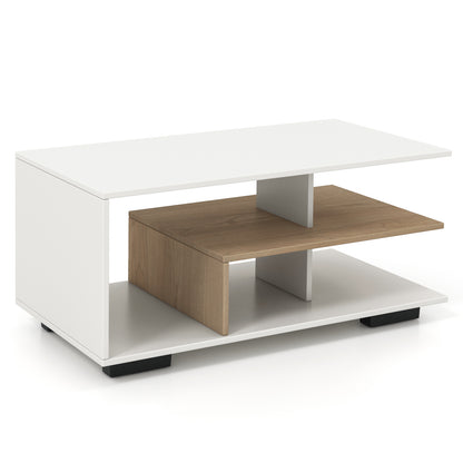 Coffee Table 3-Tier Rectangular Center with L-Shaped Middle Shelf-White