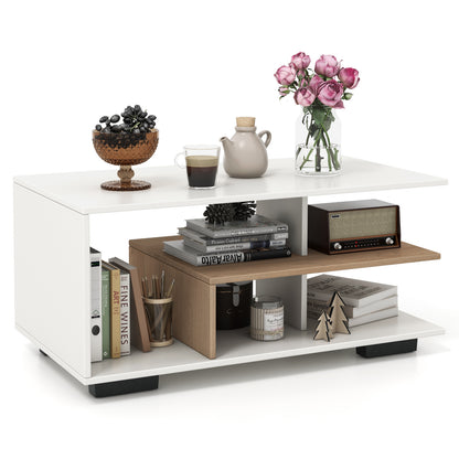 Coffee Table 3-Tier Rectangular Center with L-Shaped Middle Shelf-White