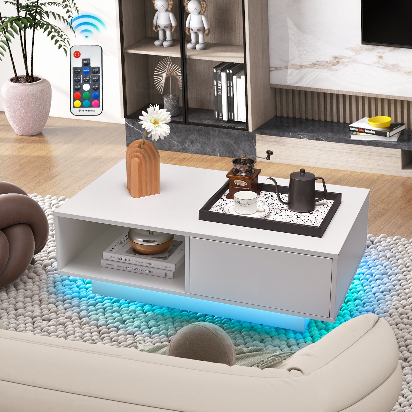 LED Coffee Table with 20 RGB Light Colors and Storage Shelf-White