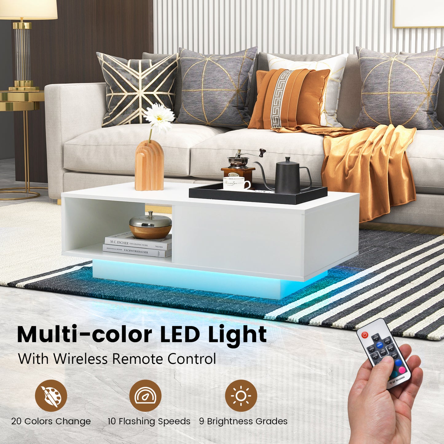 LED Coffee Table with 20 RGB Light Colors and Storage Shelf-White