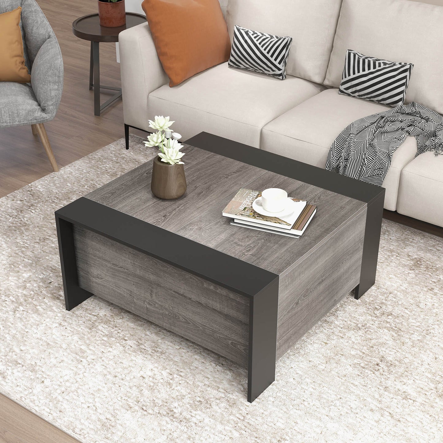 92cm Square Coffee Table with Sliding Top and Hidden Compartment-Grey