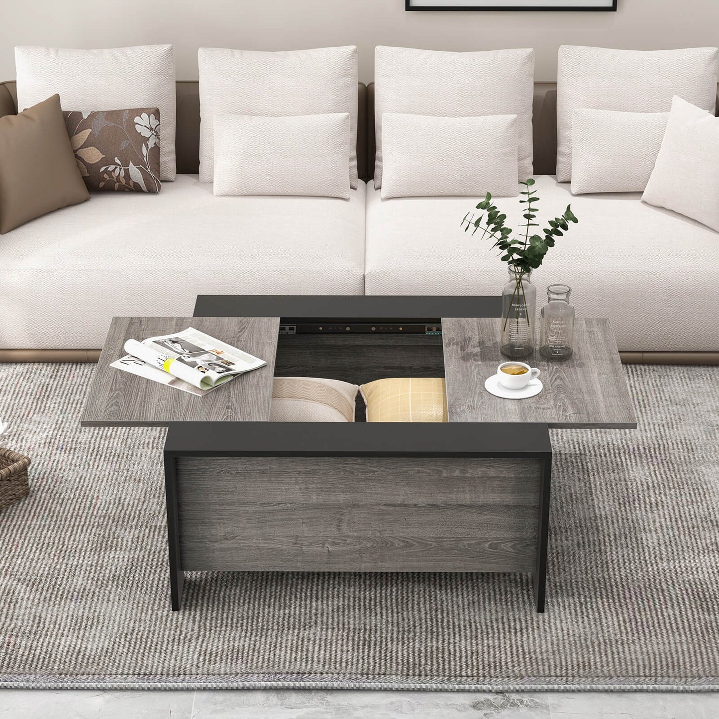 92cm Square Coffee Table with Sliding Top and Hidden Compartment-Grey