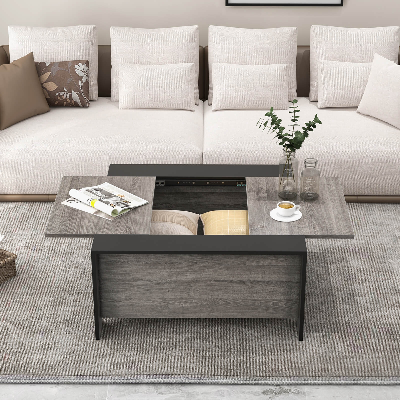 92cm Square Coffee Table with Sliding Top and Hidden Compartment-Grey