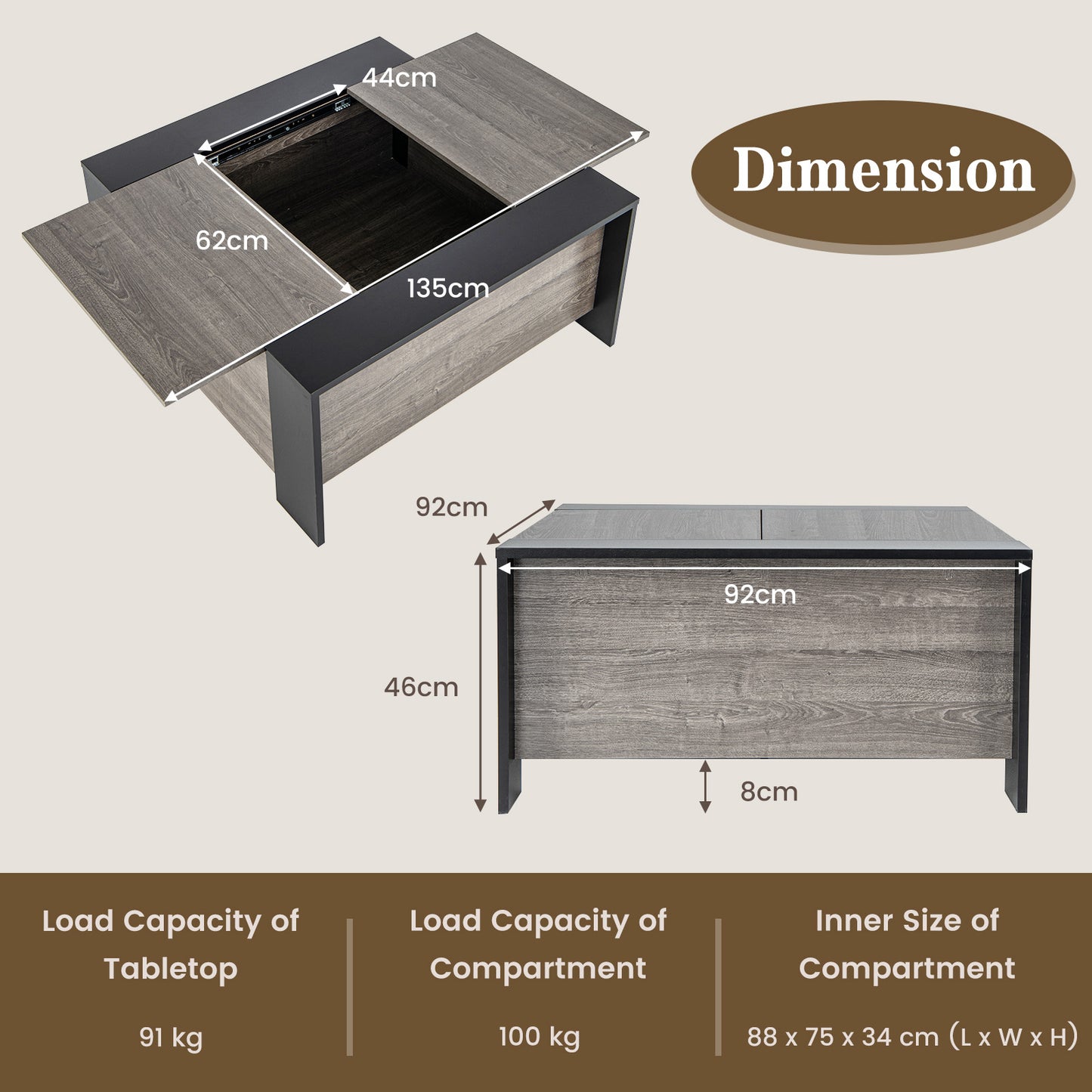 92cm Square Coffee Table with Sliding Top and Hidden Compartment-Grey