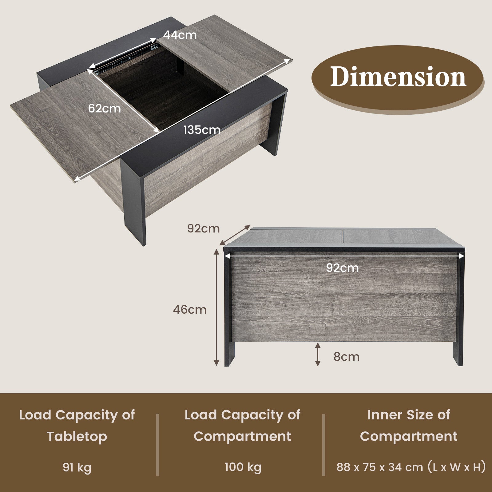 92cm Square Coffee Table with Sliding Top and Hidden Compartment-Grey