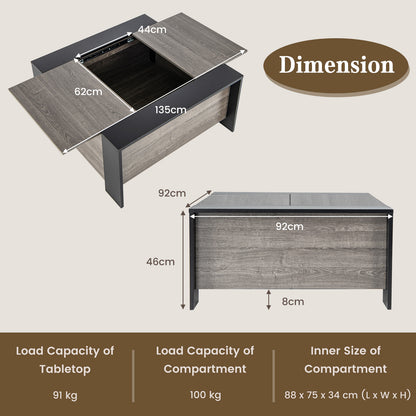 92cm Square Coffee Table with Sliding Top and Hidden Compartment-Grey