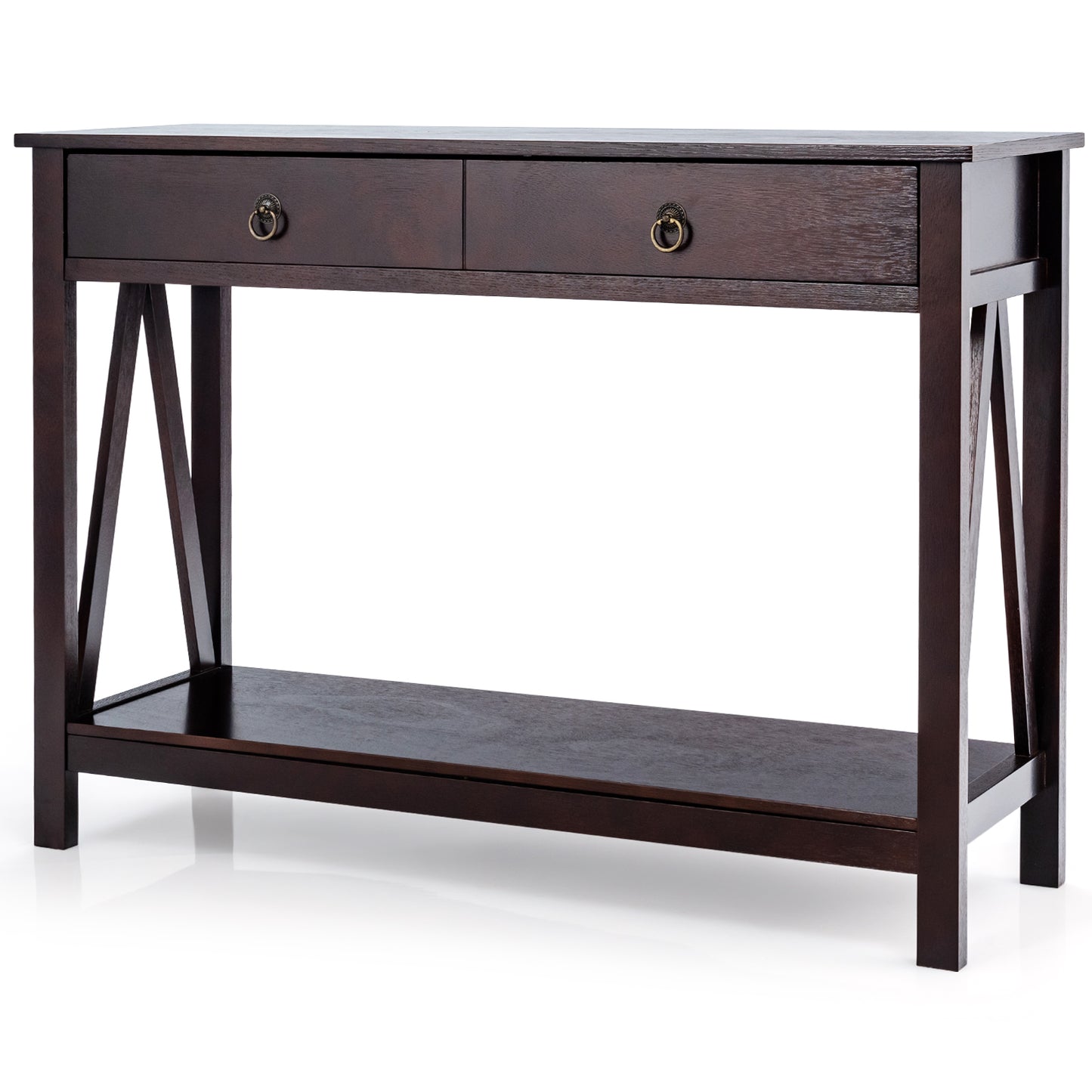 Console Table with Drawers, Storage Shelves and Anti-toppling Device -Dark Brown